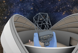Modelo del Nuevo Telescopio Robótico con el fondo de un remanente de supernova Modelo del Nuevo Telescopio Robótico con el fondo de un remanente de supernova